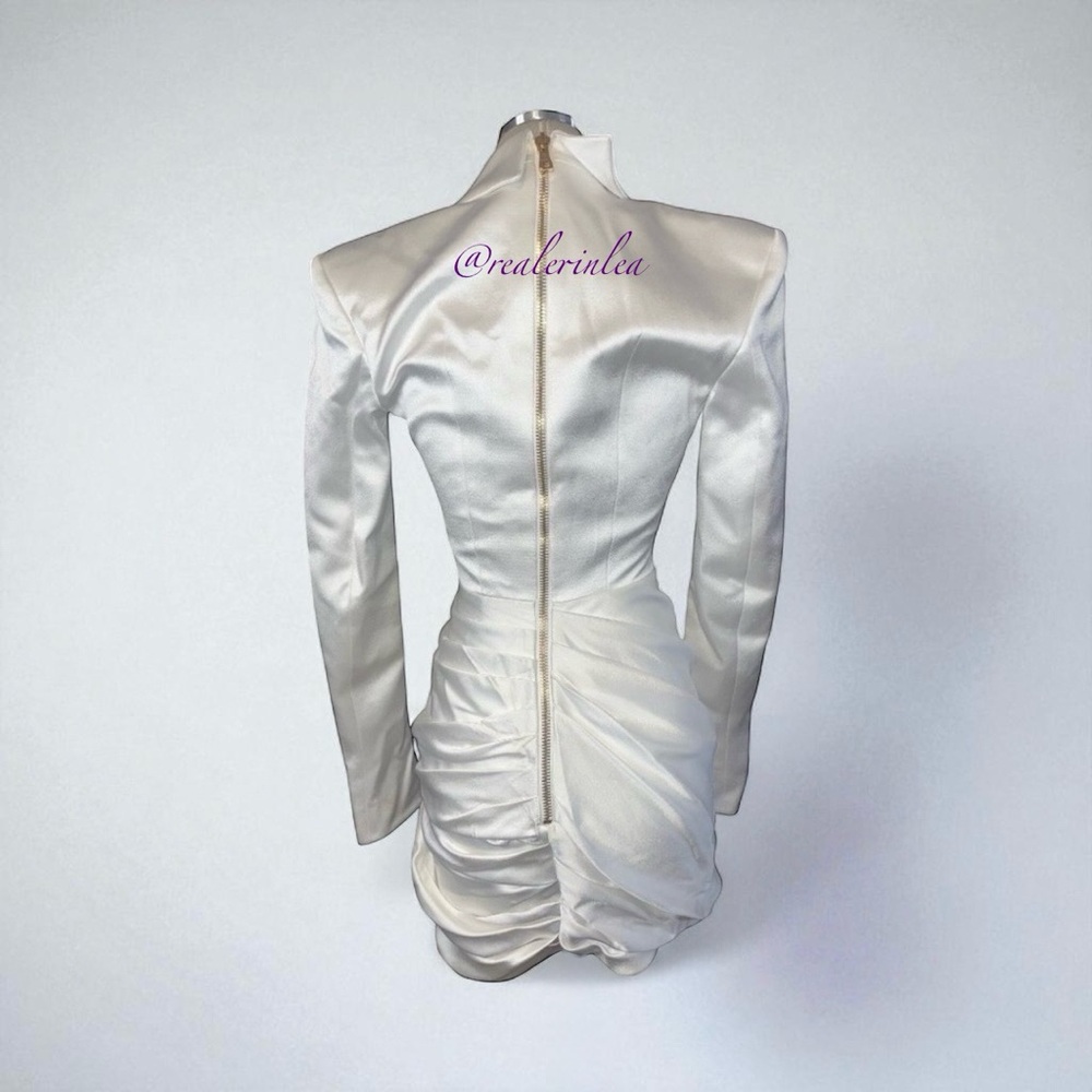 Balmain Plunge-Neck Deep V Satin Dress Mini Blazer White EU 34 0 2 NWT Authentic - Picture 2 of 16